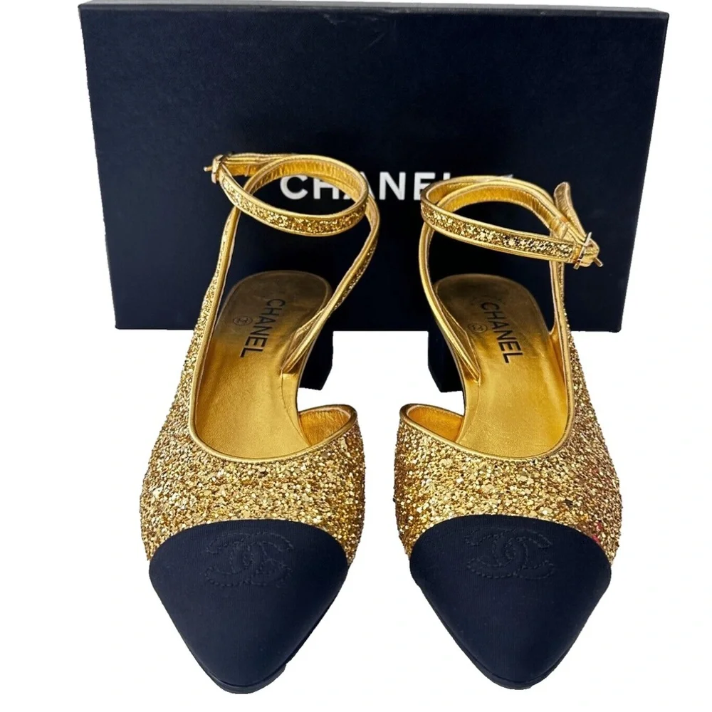 Chanel Gold and black glitter pumps 38 NWT - Picture 5 of 5
